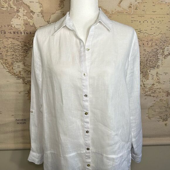 Tahari 100% Linen White Long Collared Blouse Button Up Shirt - Picture 7 of 9